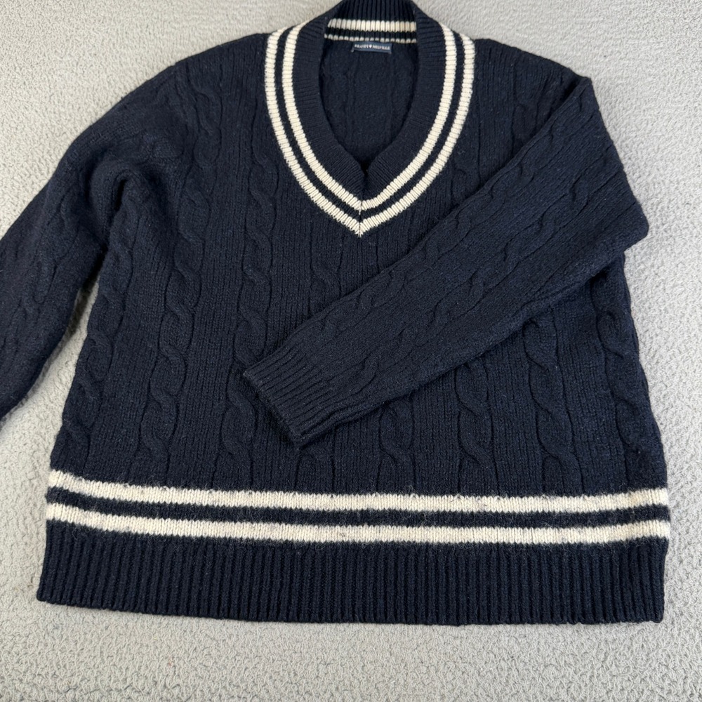 Brandy Melville Sweater Womens OS Blue Wool Blend Varsity Cable Knit V-Neck